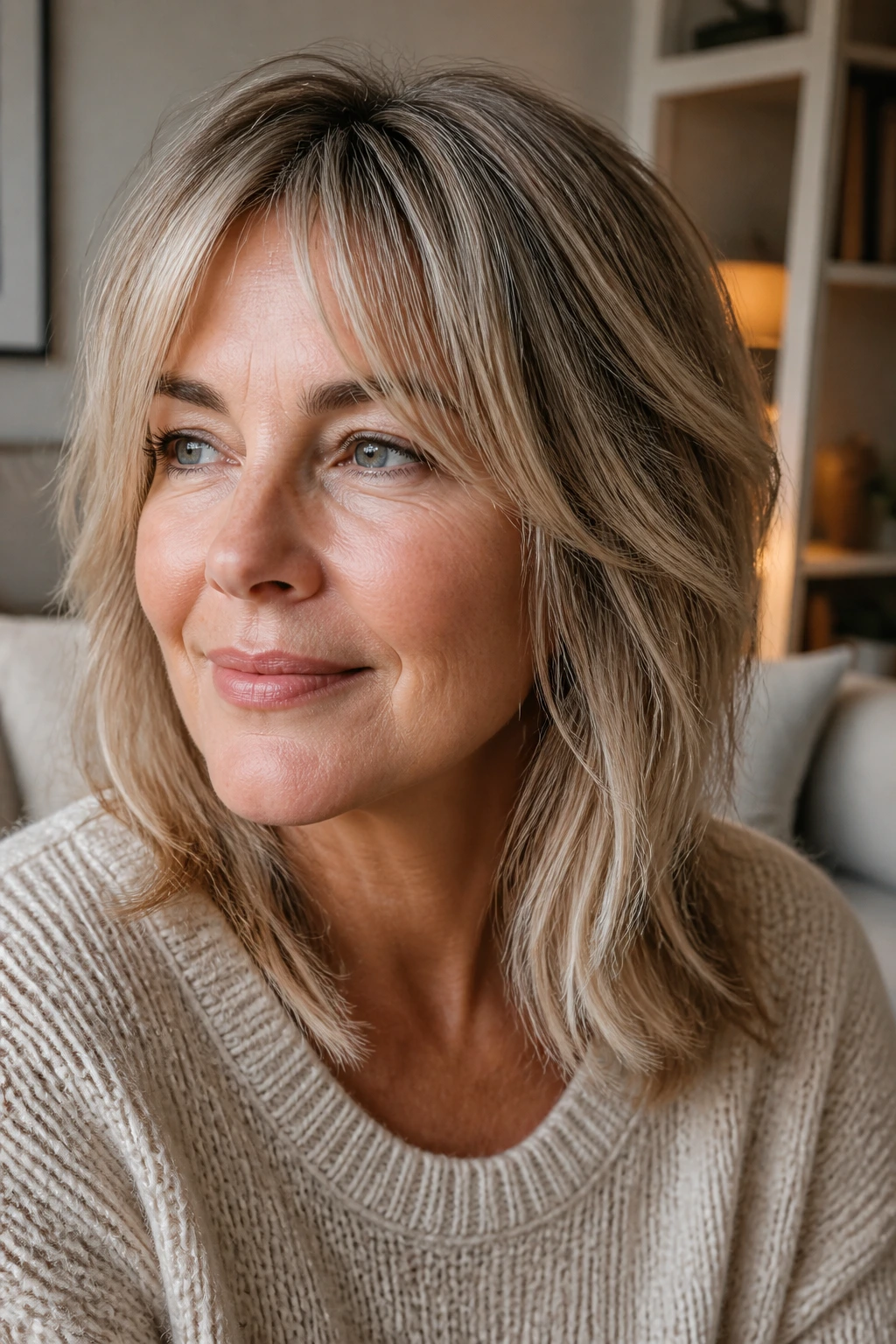 Close-up of a real woman with fringe growing out blending into layers