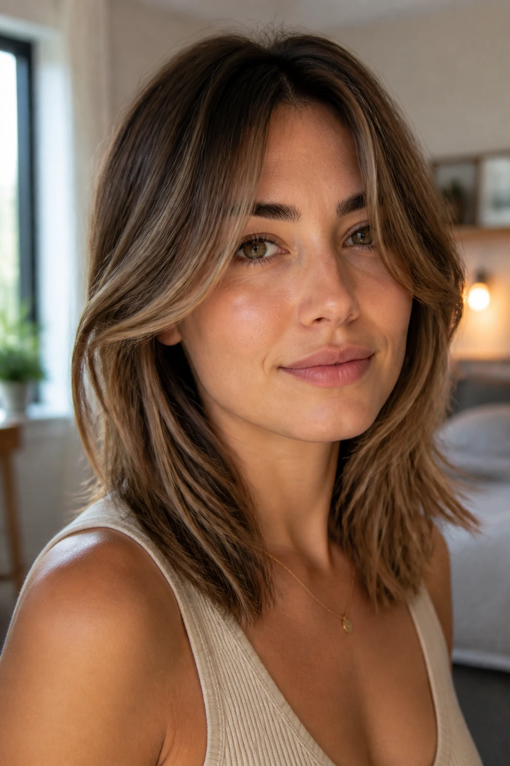 Close-up portrait of a person with curtain bangs at cheekbone length in a cozy daylight-filled room