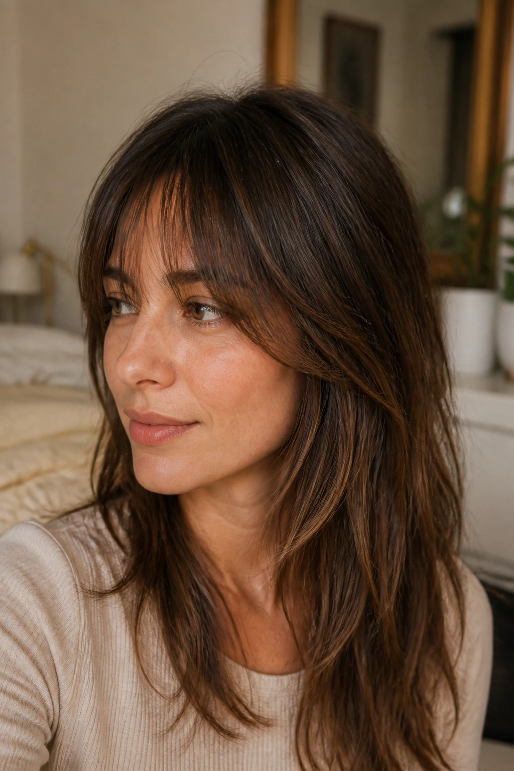 Close-up of a real woman's bangs growing out with blended fringe in warm light