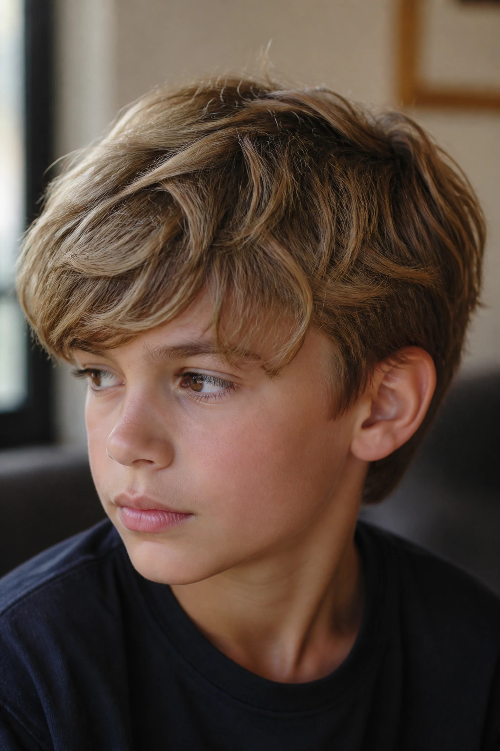 Boy with longer layered top that grows out gracefully in a cozy home setting