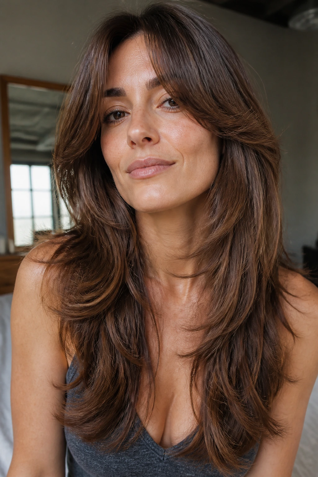 Close-up of long layered hair with a grow-out layer map showing gradual lengths.
