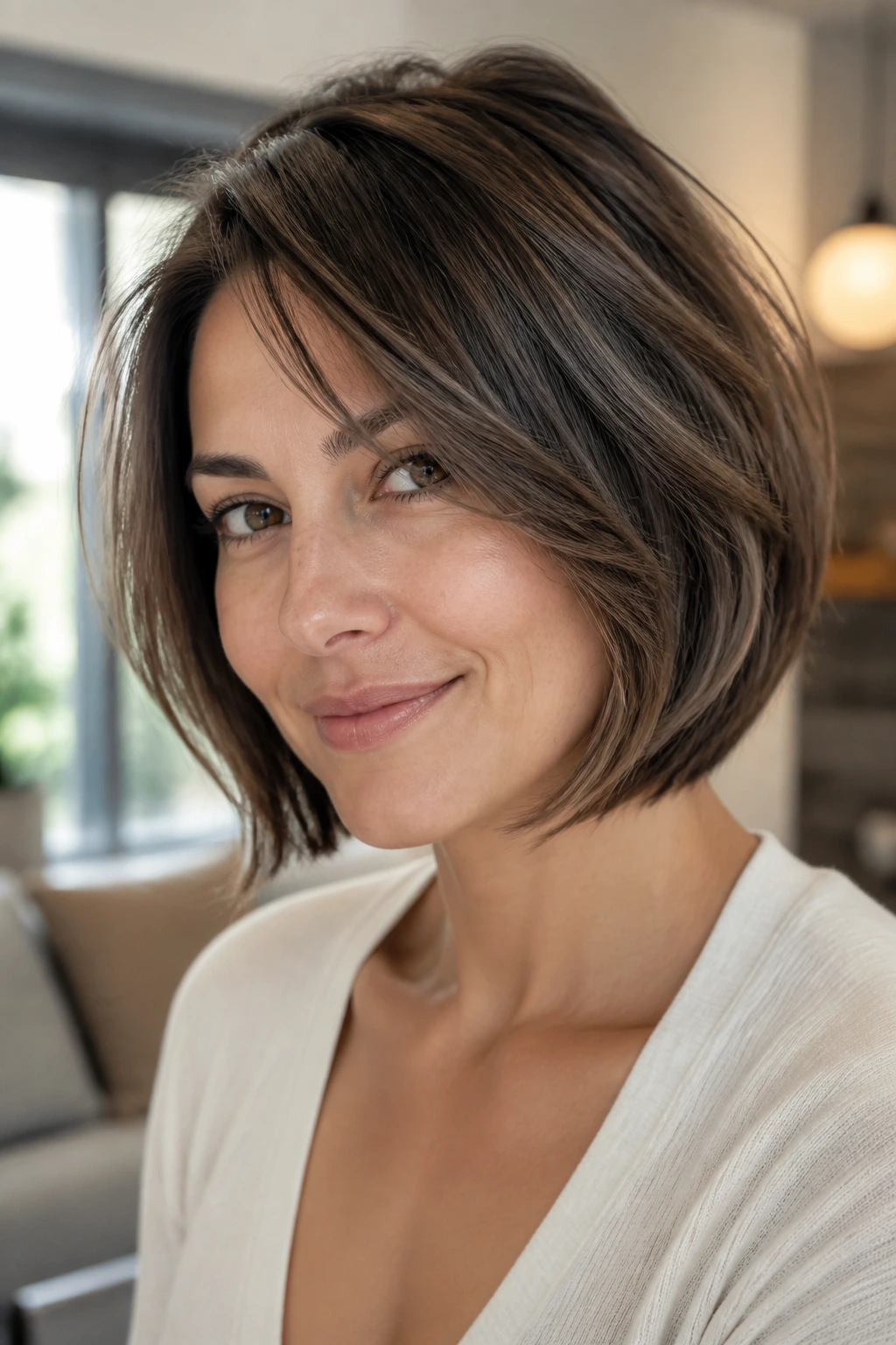 Close-up of a real woman with a blended ends layered bob.