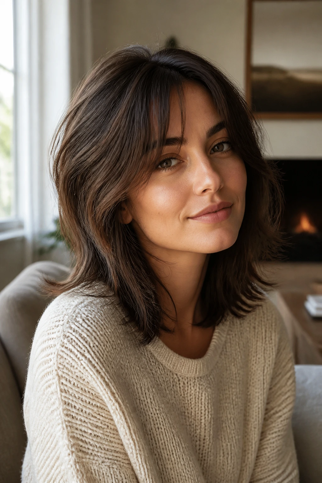 Portrait of real person with long layered shaggy bob