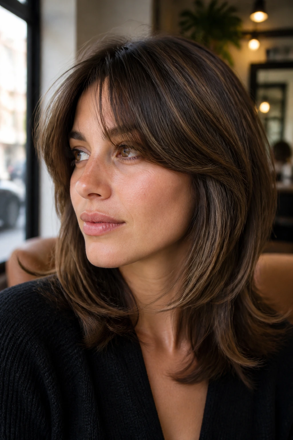 Portrait of a real woman with a grow-out friendly layered haircut and soft curtain bangs, in warm window light