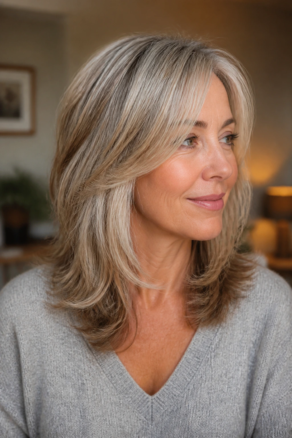 Woman with mid-length layered haircut showing grow-out between trims in natural light