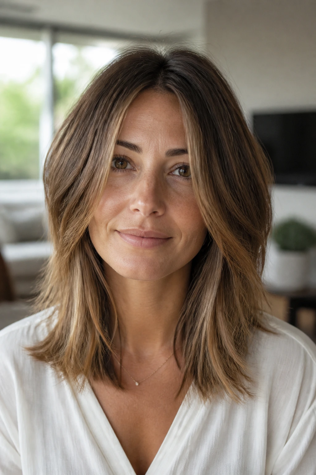 Close-up of a real woman with gradually tapered front layers growing out