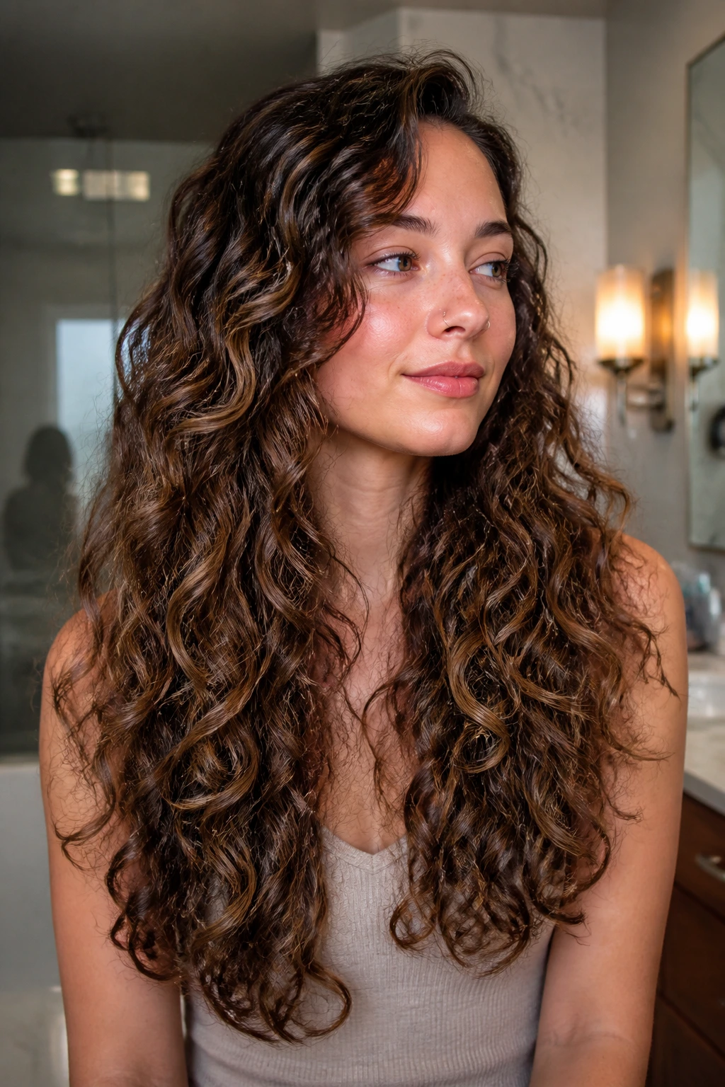 Portrait of a real person with long layered curls showing soft grow-out layers.