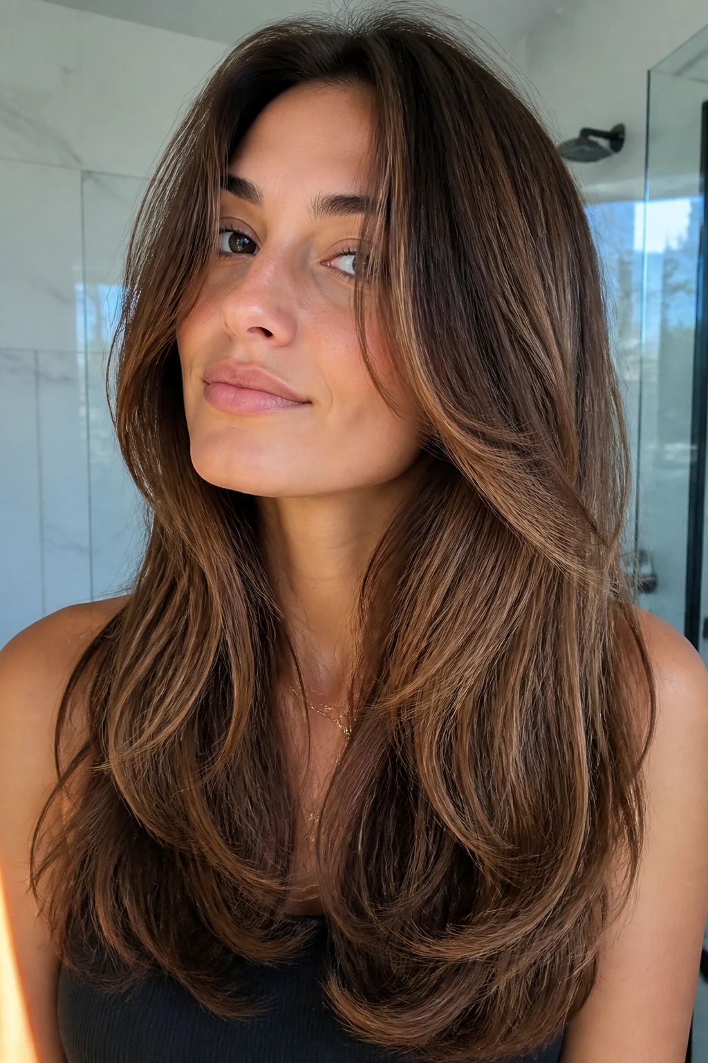 Portrait of a real woman with long hair and soft grow-out layers staying full