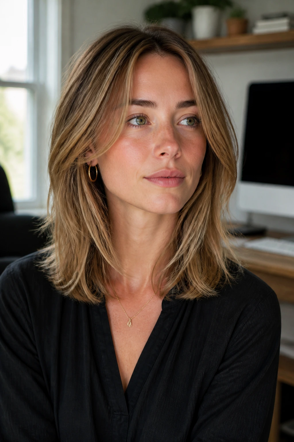 Portrait of a real person with grow-out layers maintaining shape over time