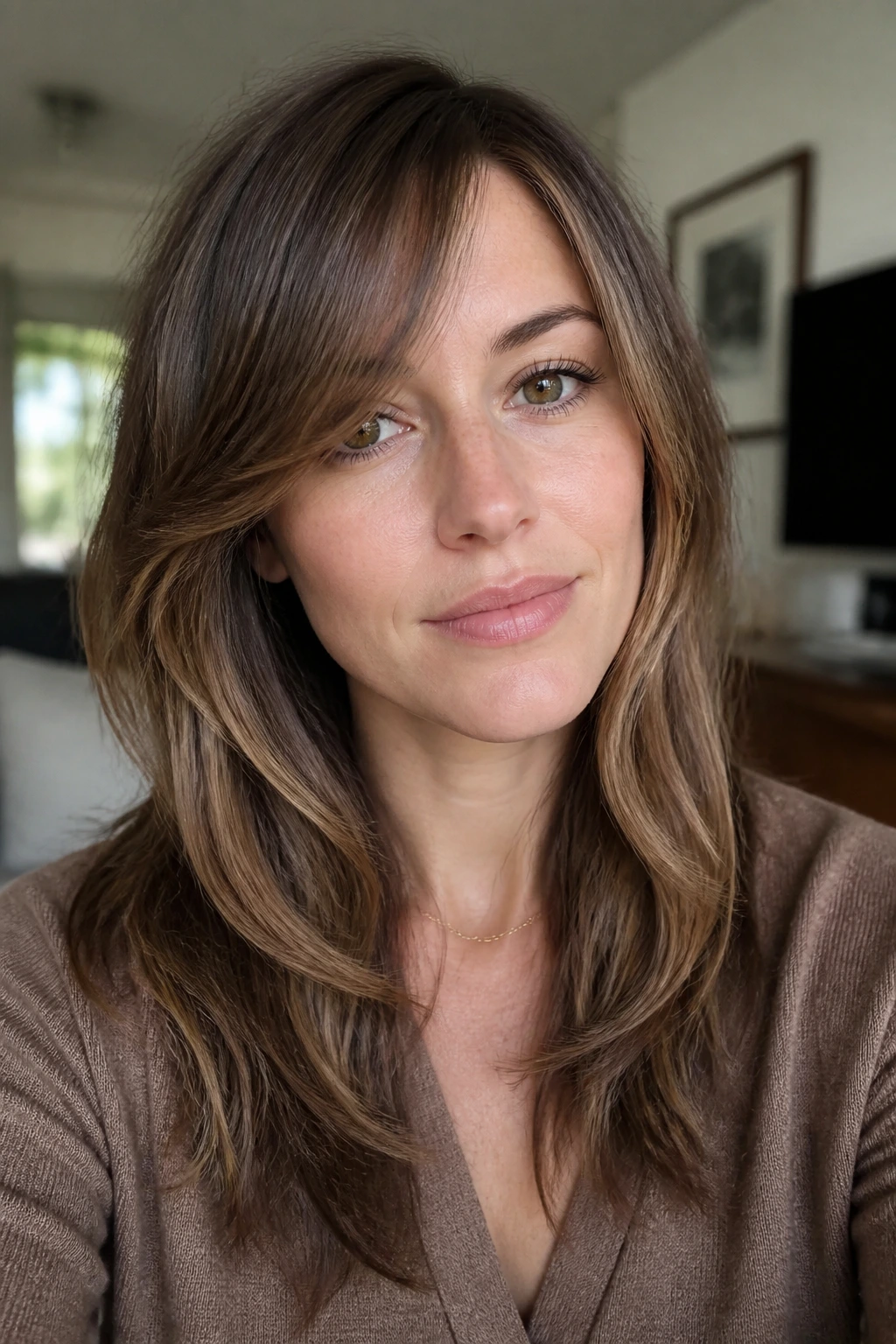 Close-up of a real woman showing grow-out layers and cheekbone-starting side bangs in a home setting.