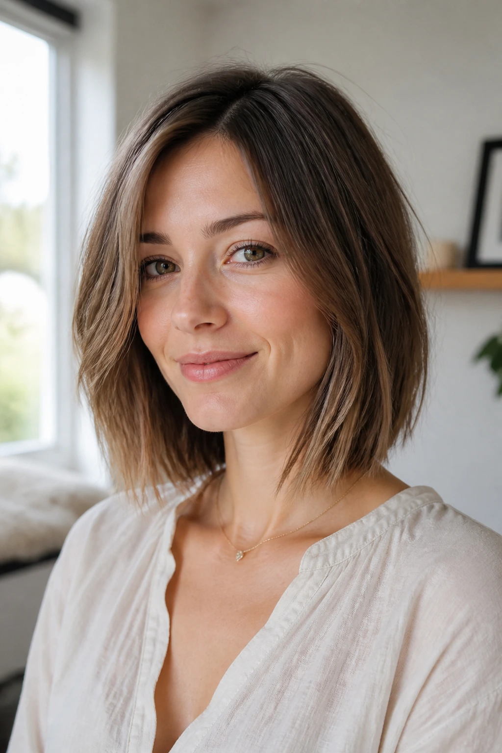 Portrait of woman with grow-out-friendly lob showing soft corners.