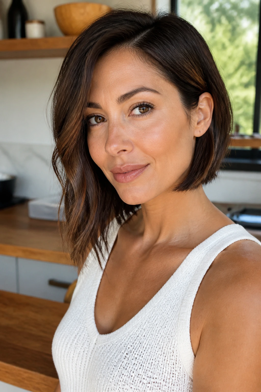 Portrait of a real woman with a low-maintenance grow-out lob featuring subtle asymmetry.