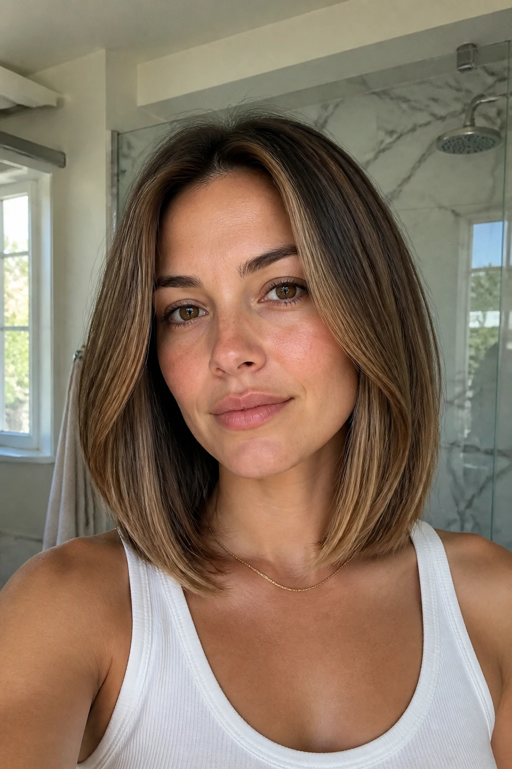 Portrait of real woman with low-maintenance grow-out lob in bright bathroom