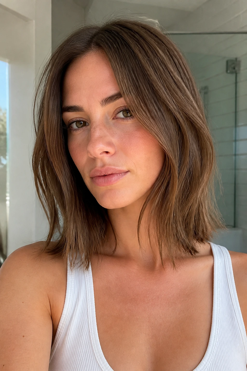 Close-up of grow-out lob showing collarbone-length silhouette with soft edges.