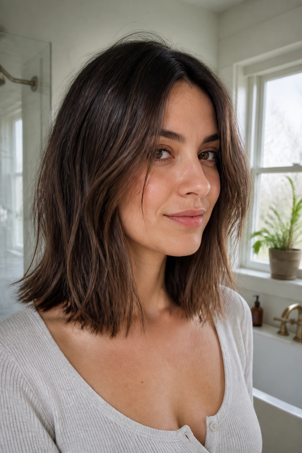 Close-up of a real person with a low-maintenance grow-out lob under warm window light