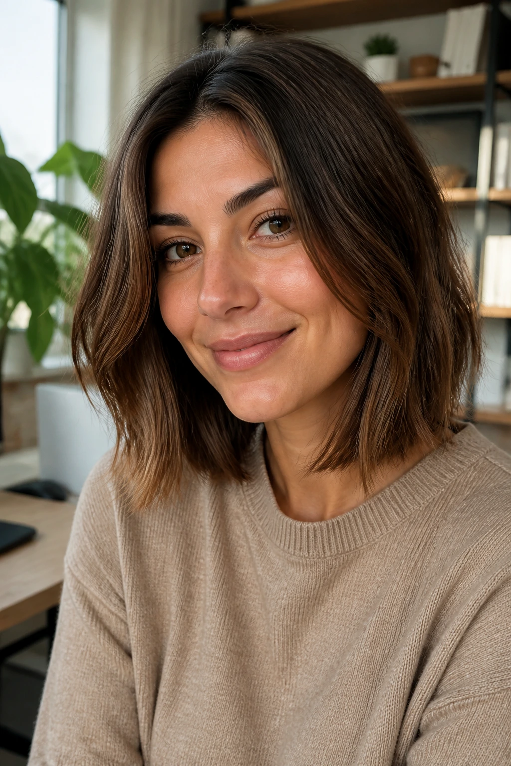 Close-up portrait of a real woman with grow-out lob head-and-shoulders in a home setting