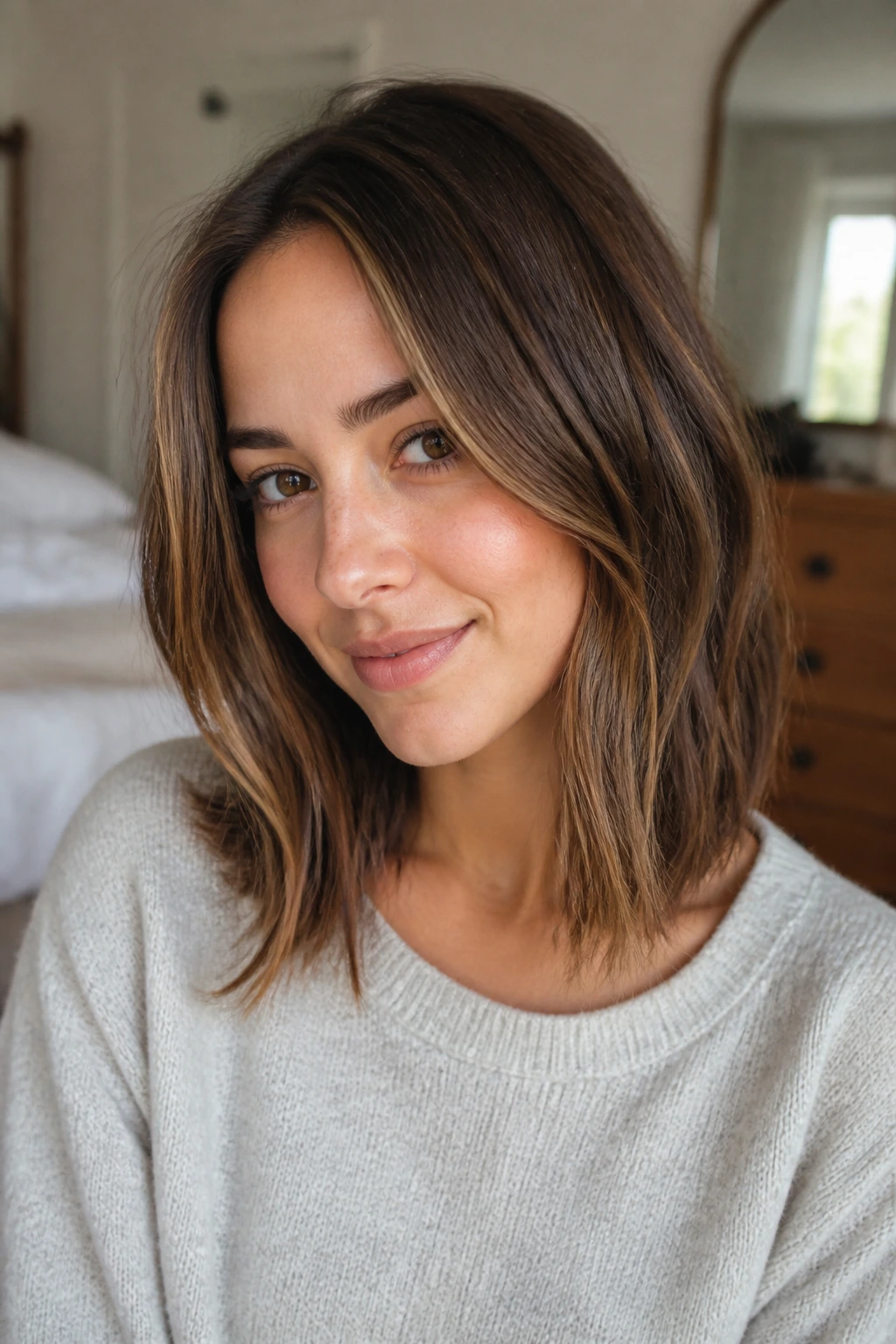 Close-up portrait of a real woman with a grow-out lob in warm window light