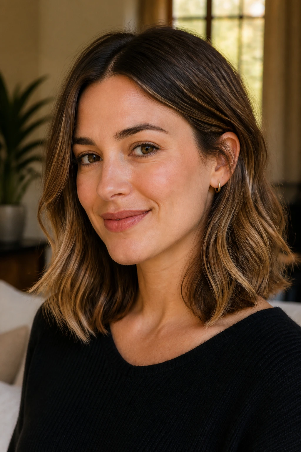 Portrait of a real woman with a grow-out lob showing shoulder-length waves and clean hem.
