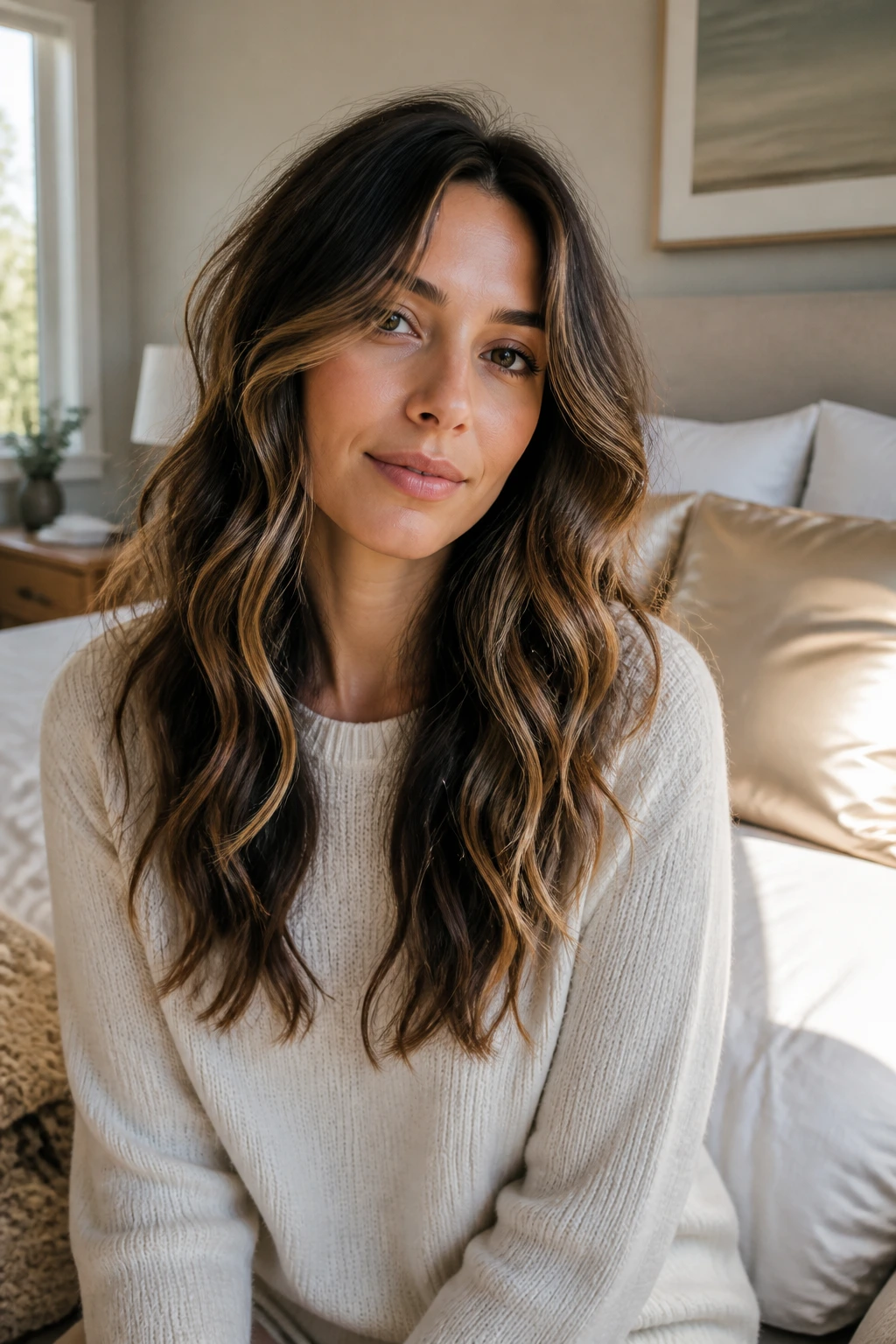 Medium close-up of a real woman with long layered waviness in bedroom with satin pillowcase
