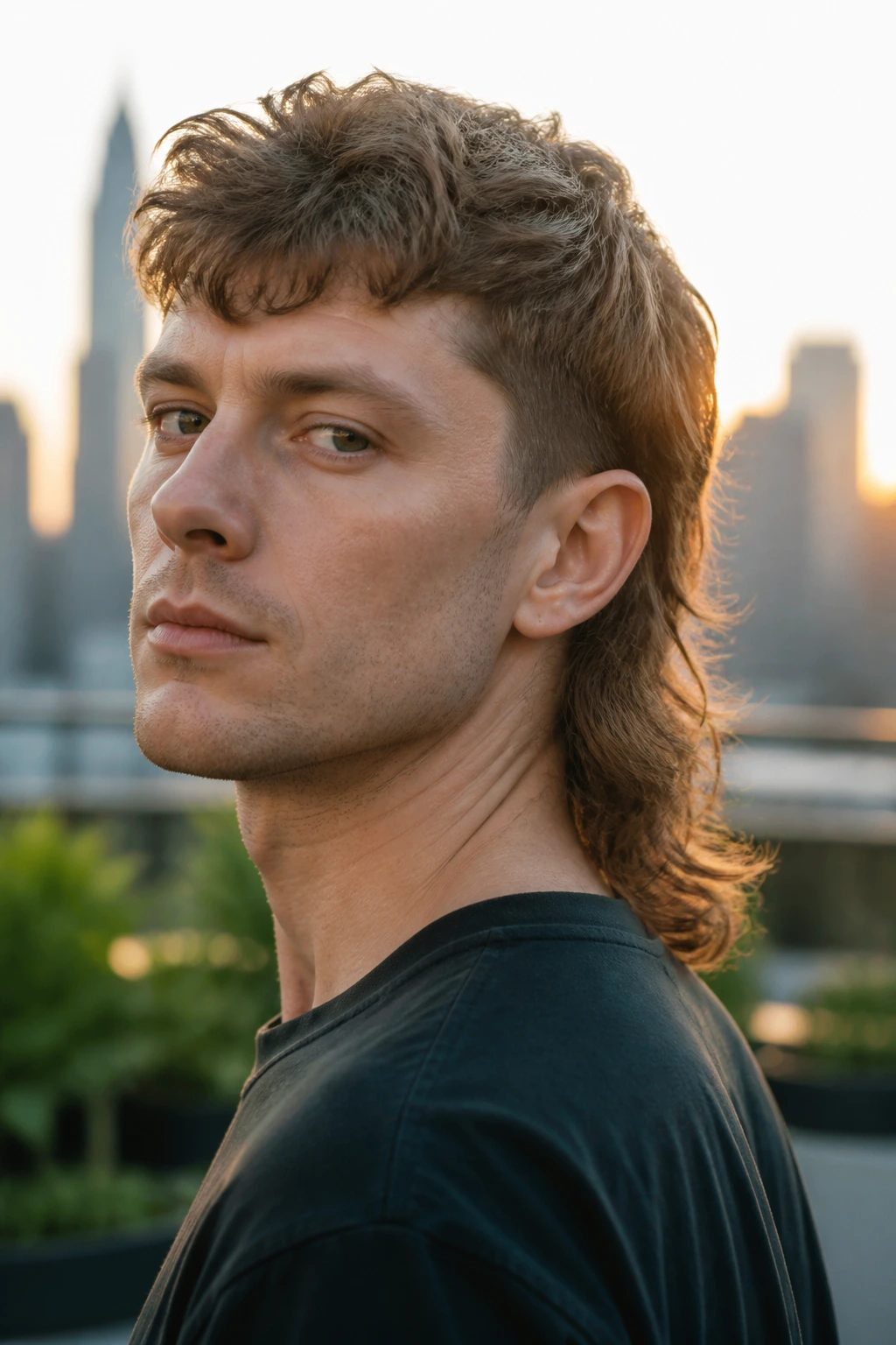 Three-quarter portrait of a real person with grow-out mullet showing longer back.