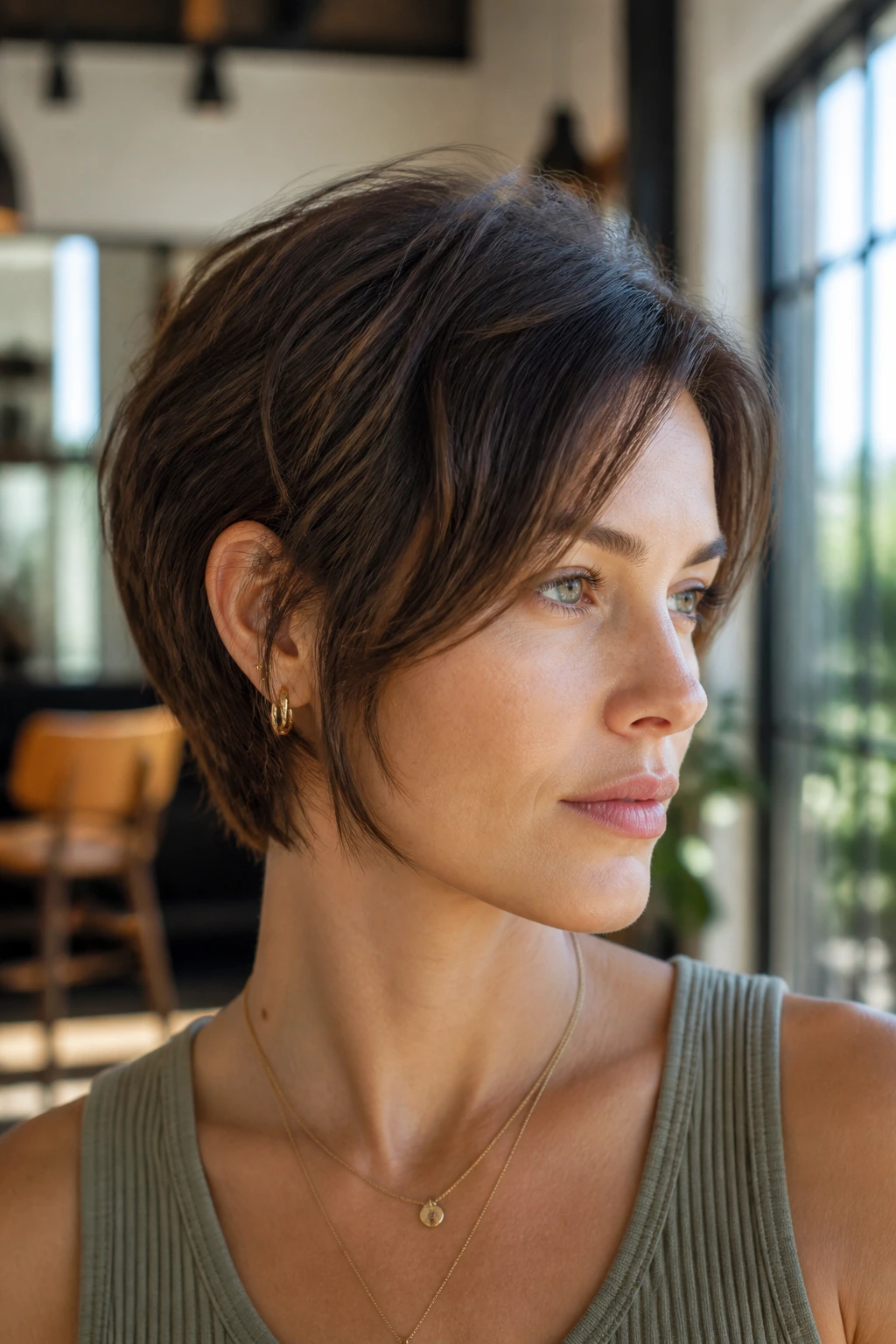 Close-up of a real person with a growing-out pixie bob showing face-framing edges