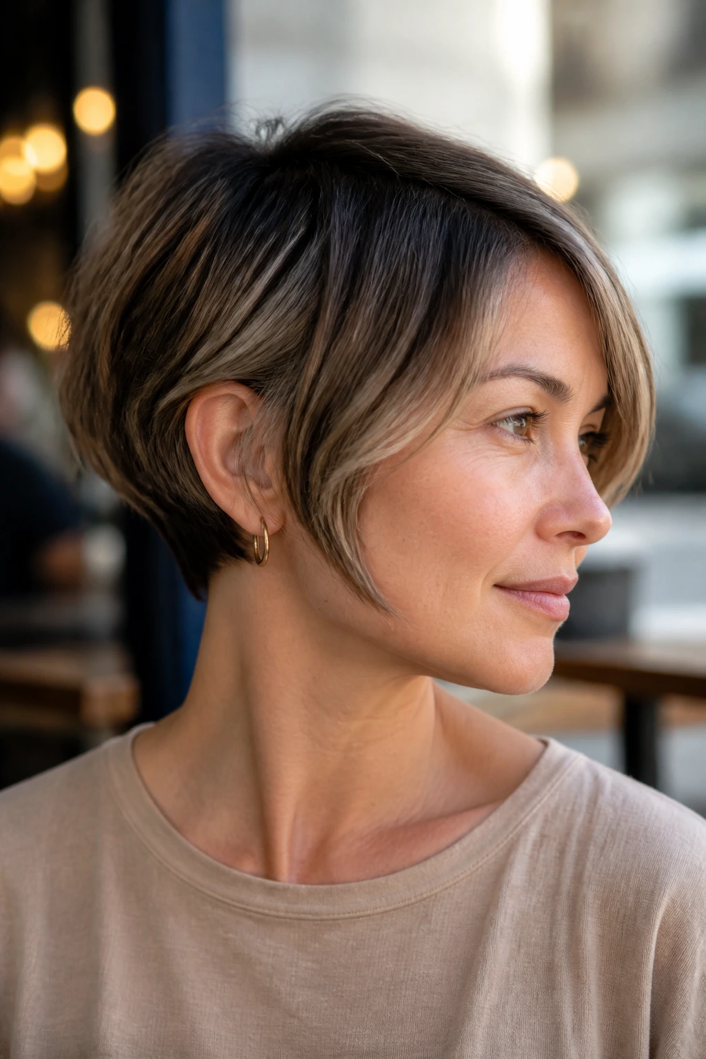 Portrait of a person with pixie-bob curve, front growing toward the cheekbone and jaw.