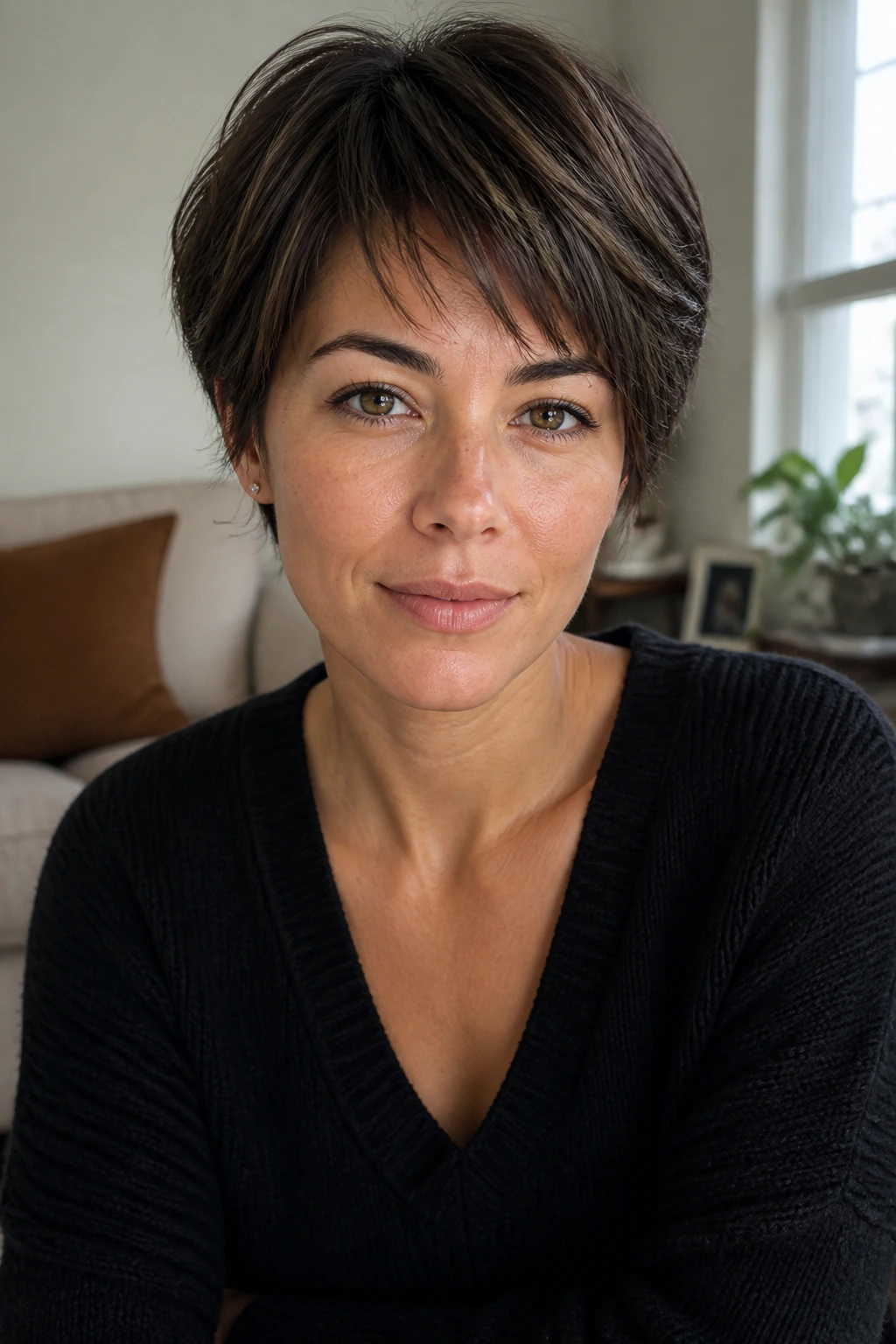 Real person with grow-out friendly pixie bob in a cozy daylight room