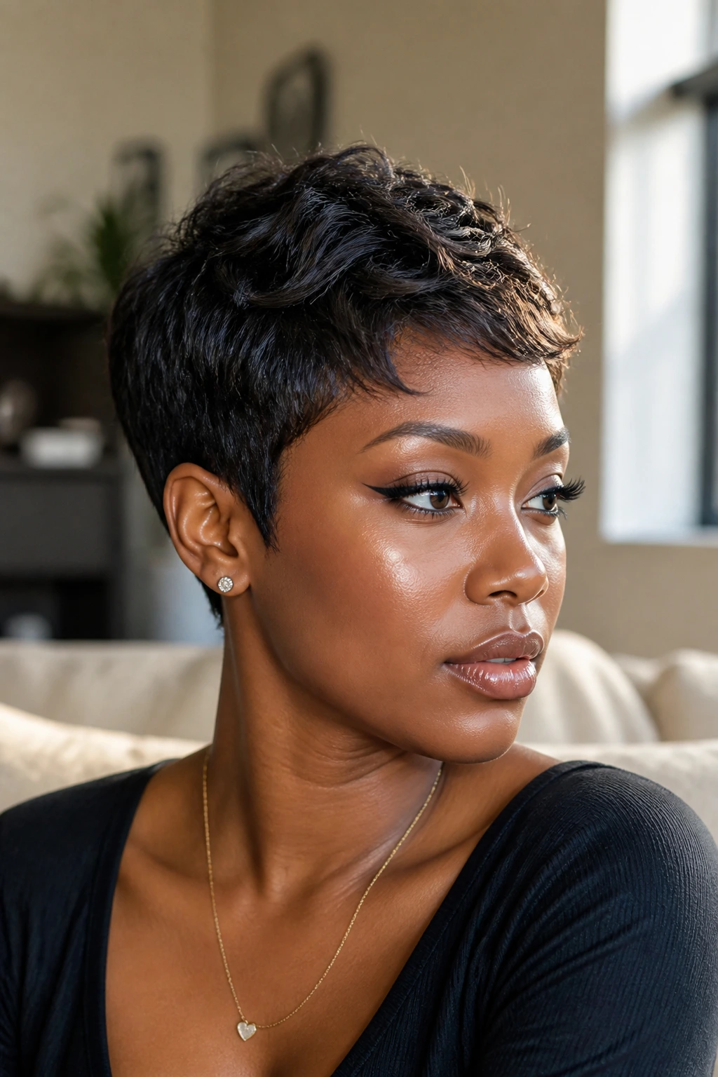 Close-up of a real Black woman with a grow-out friendly pixie crop and layered top.
