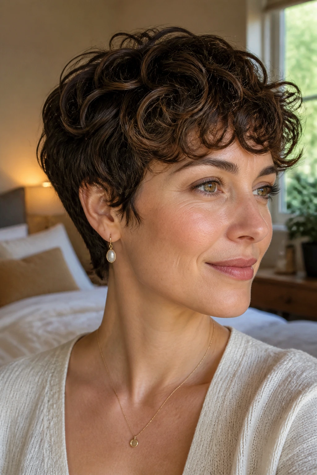 Close-up portrait of a real woman with a grow-out pixie in sunlit bedroom