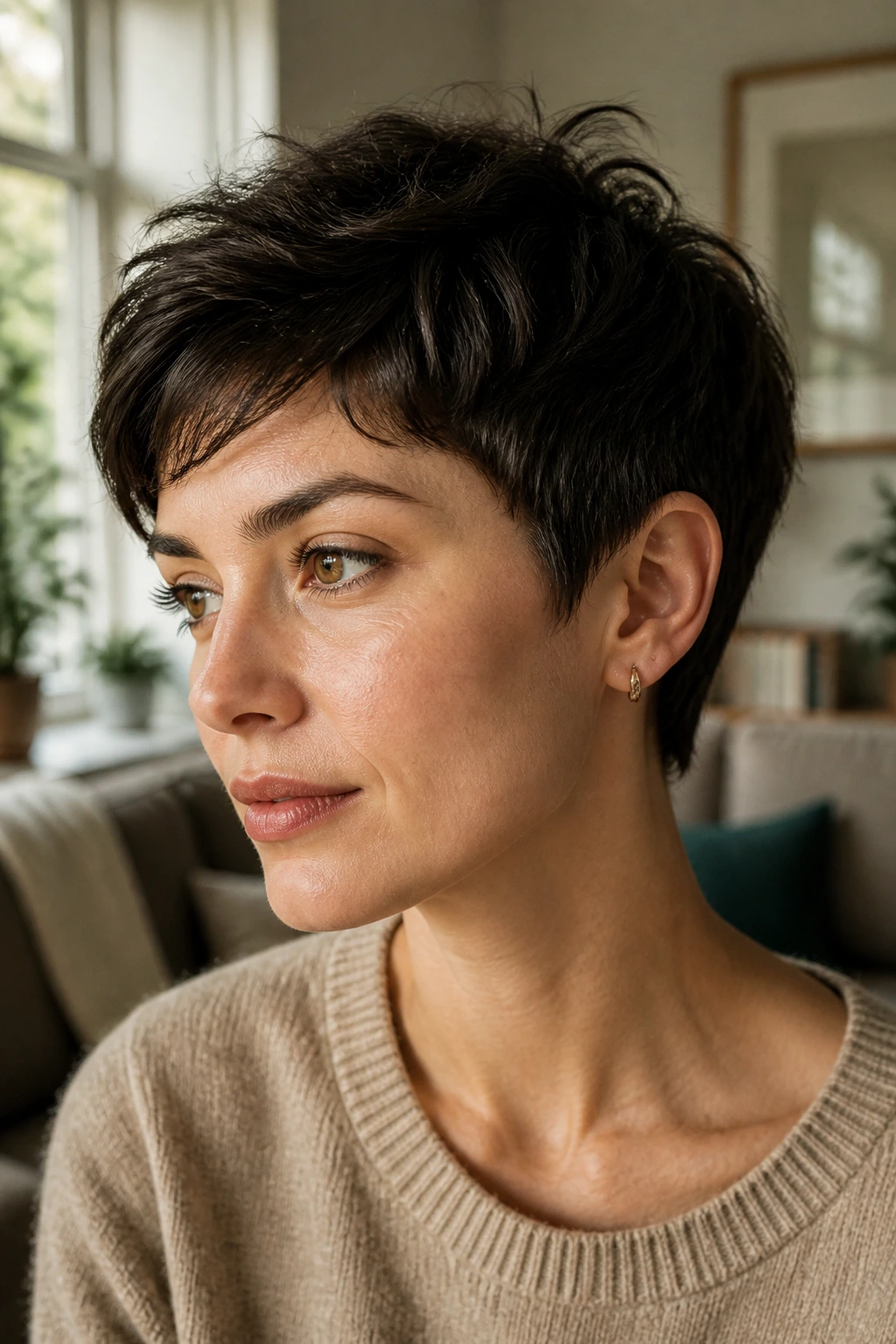 Close-up of a grow-out-friendly pixie showing soft transitions and dense top in a bright living room.