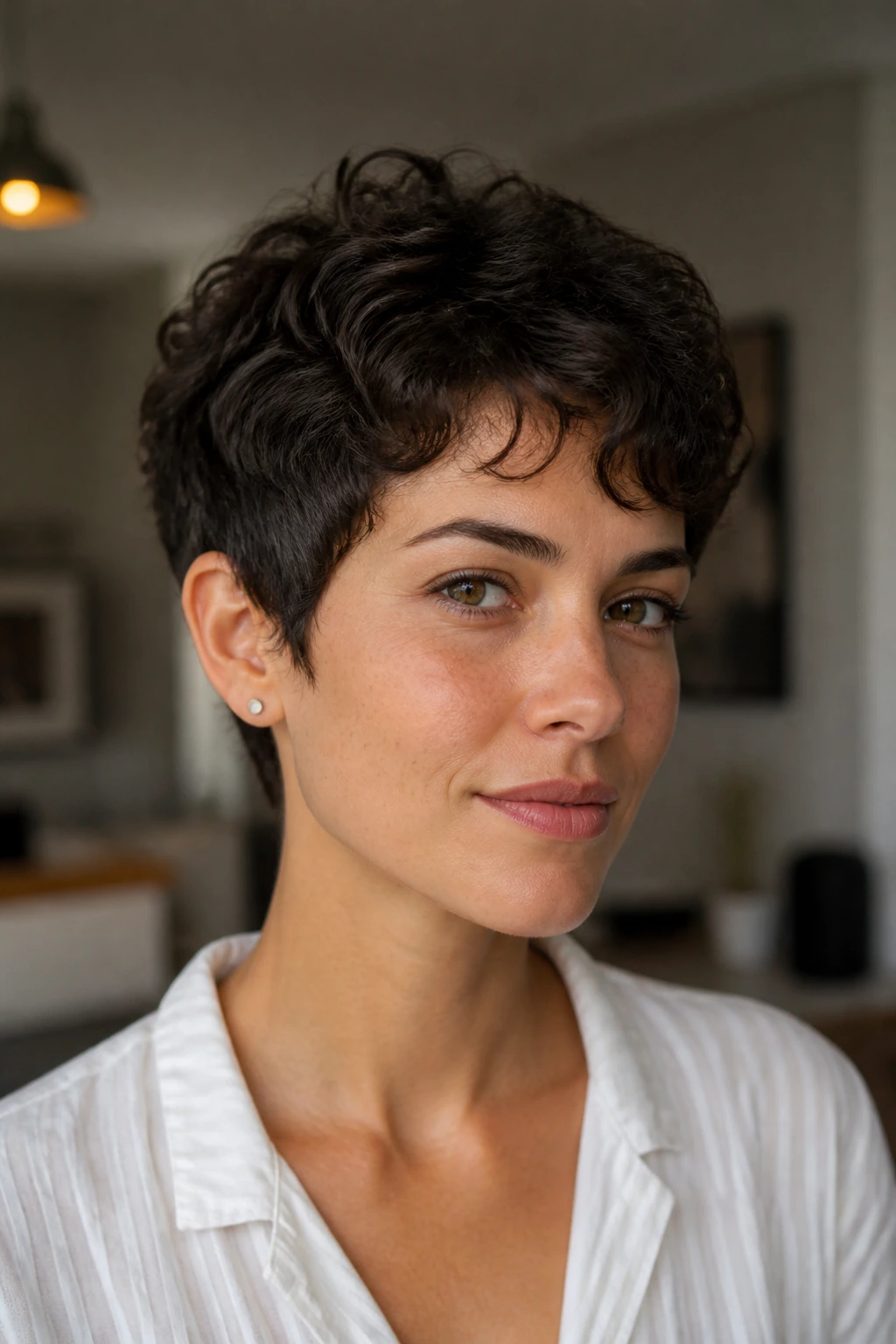 Real-person portrait of a grow-out pixie with longer top and softened sides