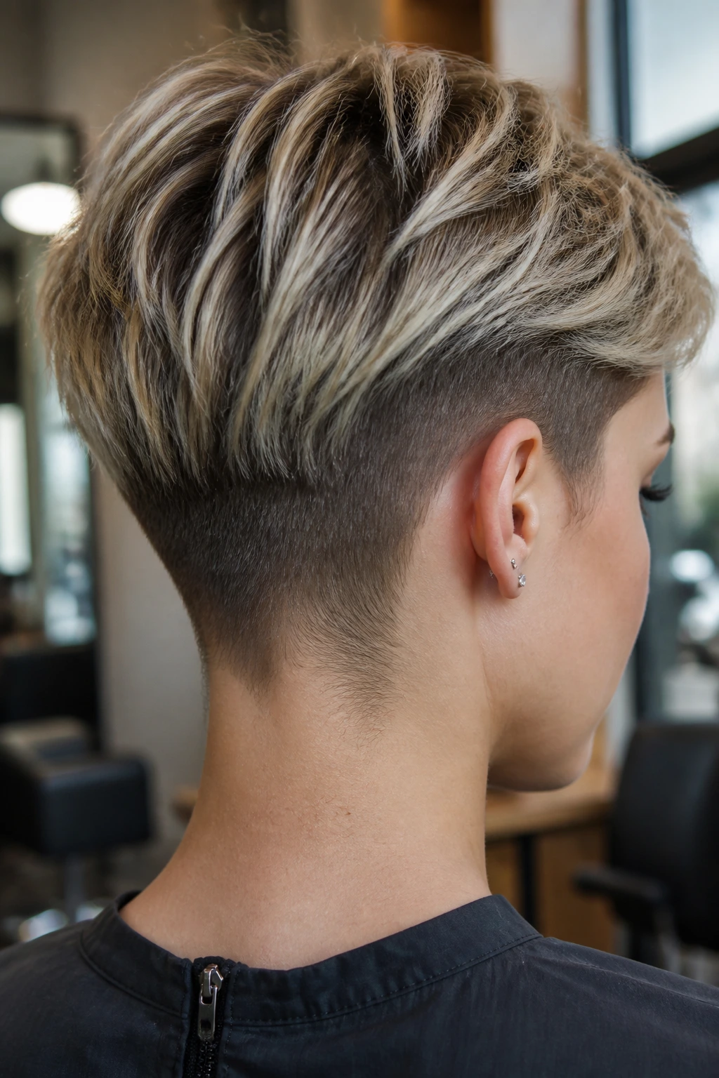 Close-up of a real person showing low undercut growth at neckline in a salon setting