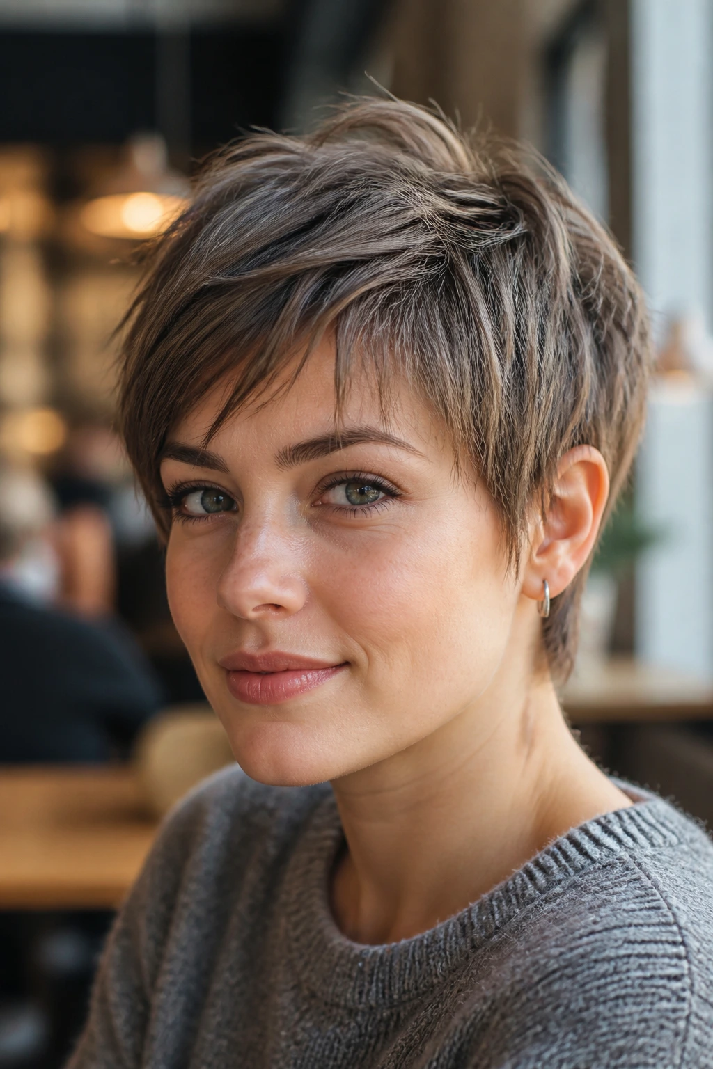 Close-up of a real person with grow-out pixie showing fringe and crown length