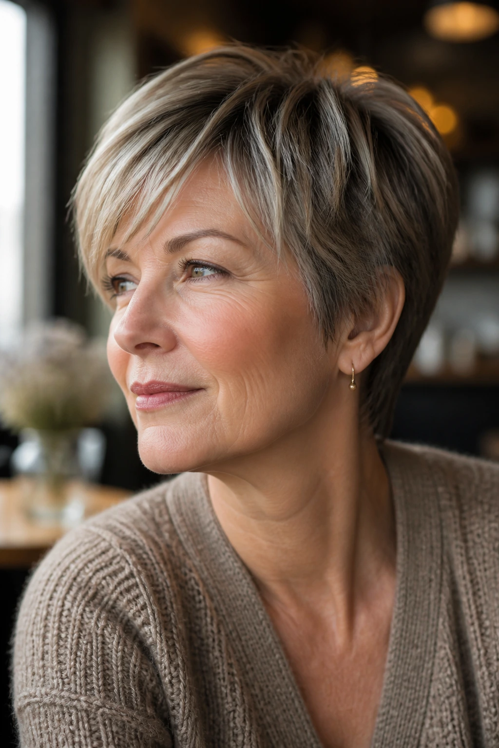 Real woman with grow-out friendly pixie in a cafe setting