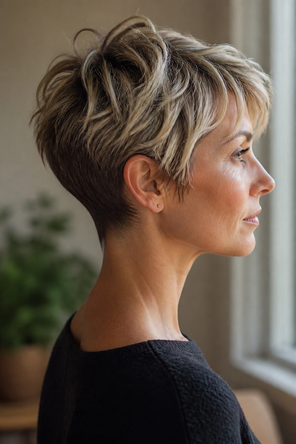 Side-profile of growing shaggy pixie showing nape line.