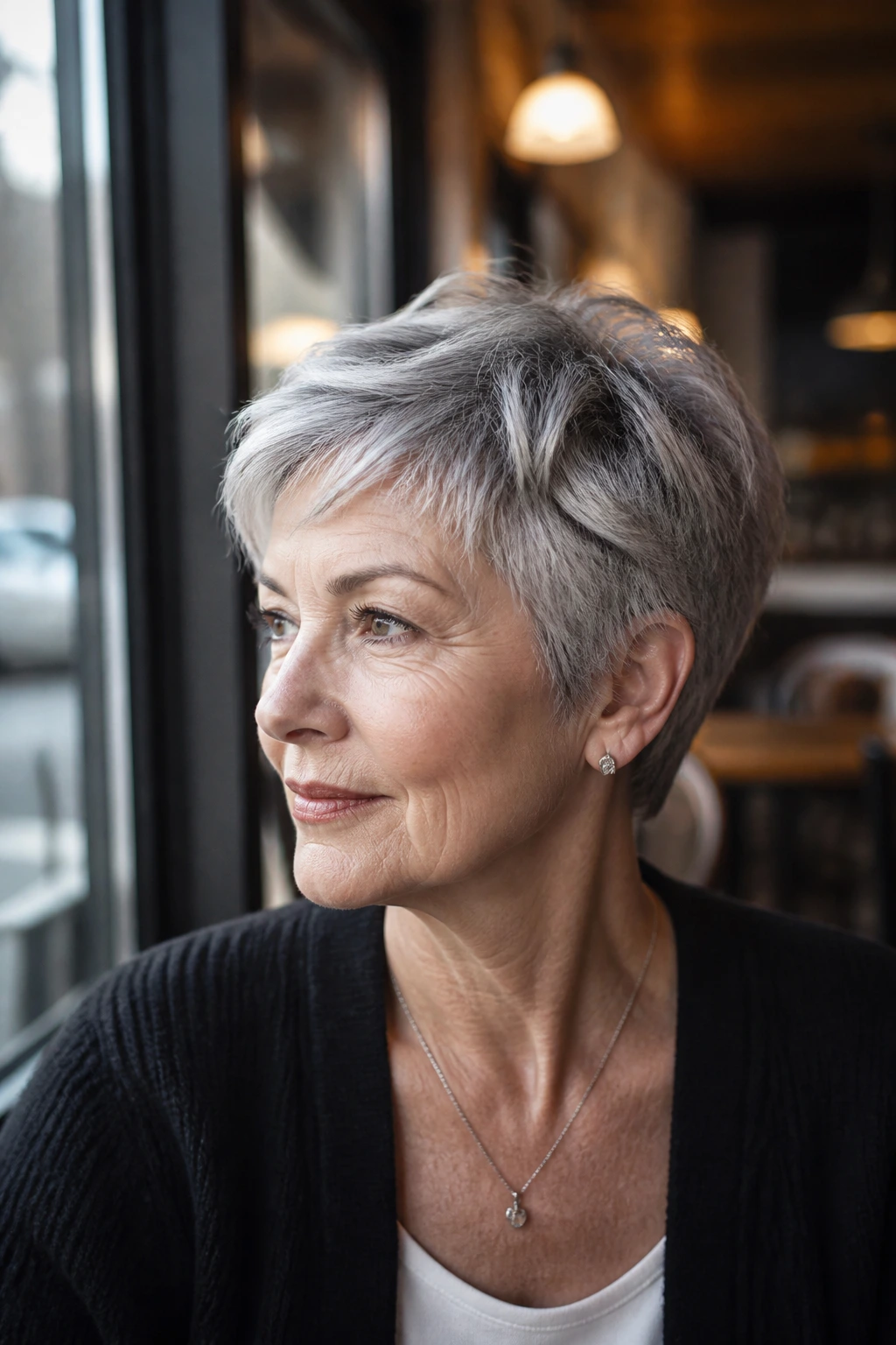 Medium close-up of a real woman with a grow-out pixie showing blended perimeter and crown length.