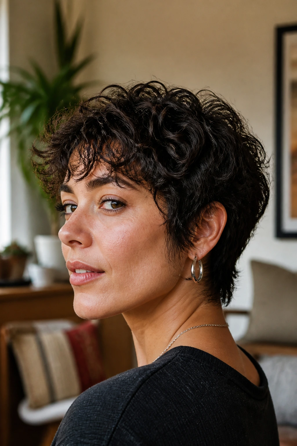 Close-up portrait of a real woman with a grow-out friendly pixie wolf hairstyle in warm window light