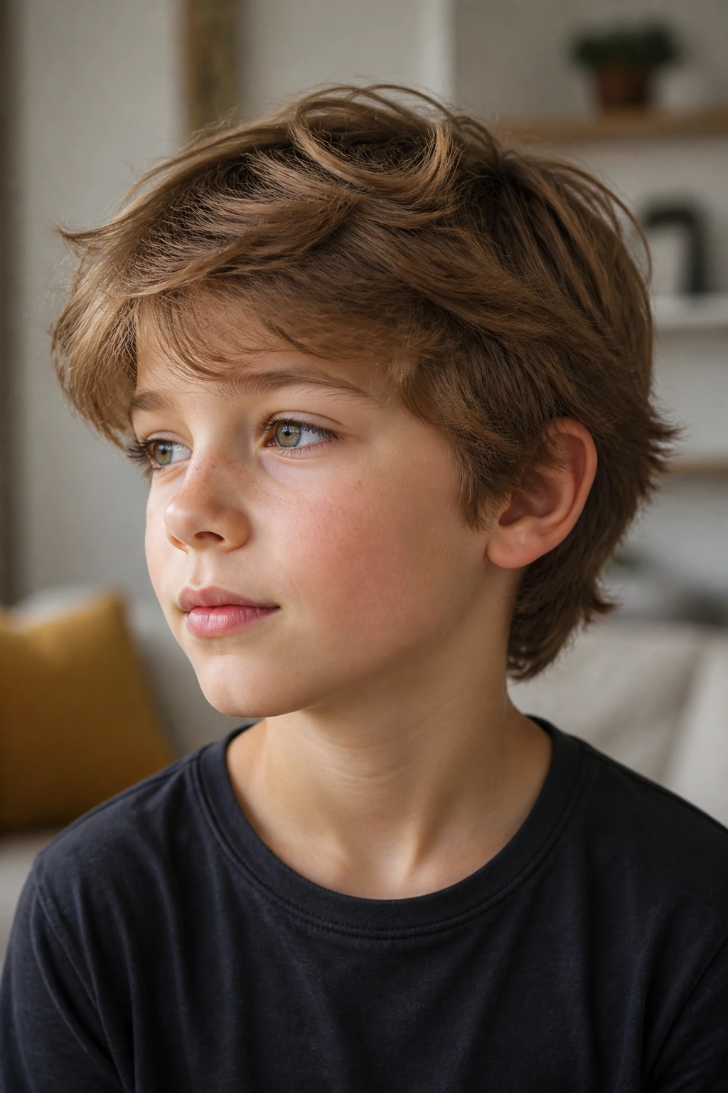 Close-up portrait of a real boy with a grow-out friendly scissor cut.