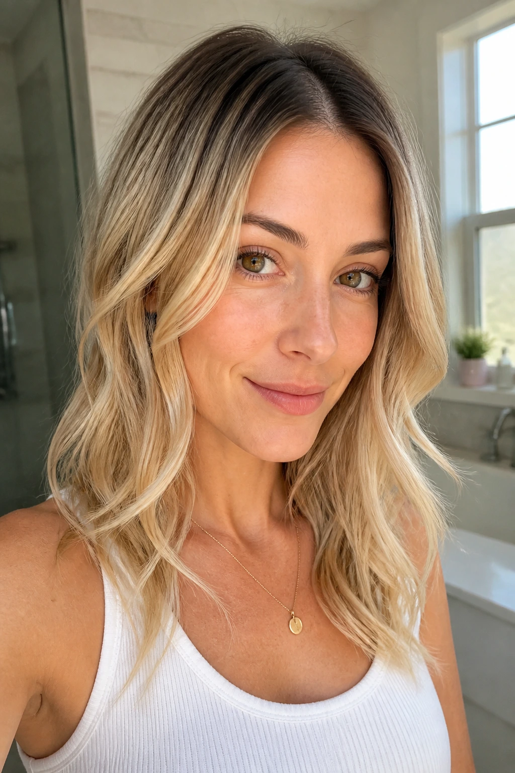 Portrait of a real woman with blended shadow root blonde demonstrating grow-out-friendly melt.