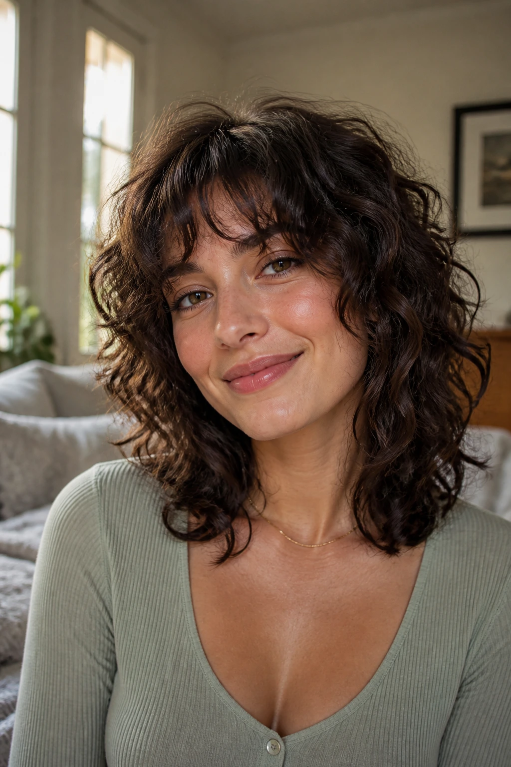 Close-up of a real woman with blended bangs in a grow-out friendly shag