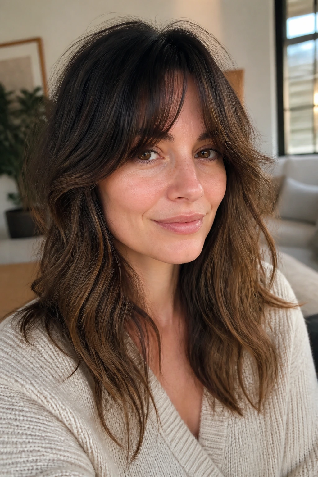 Portrait of a real woman with blended fringe grow-out shag