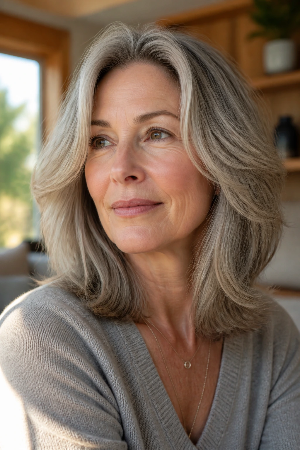 Close-up portrait of a woman with an easy grow-out shag, soft layers, no bangs, in a sunlit living room.