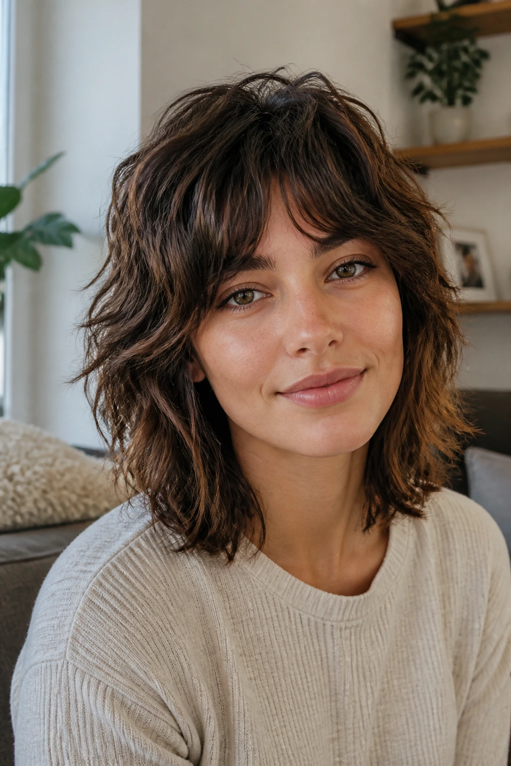 Real person with low-maintenance grow-out shag hairstyle