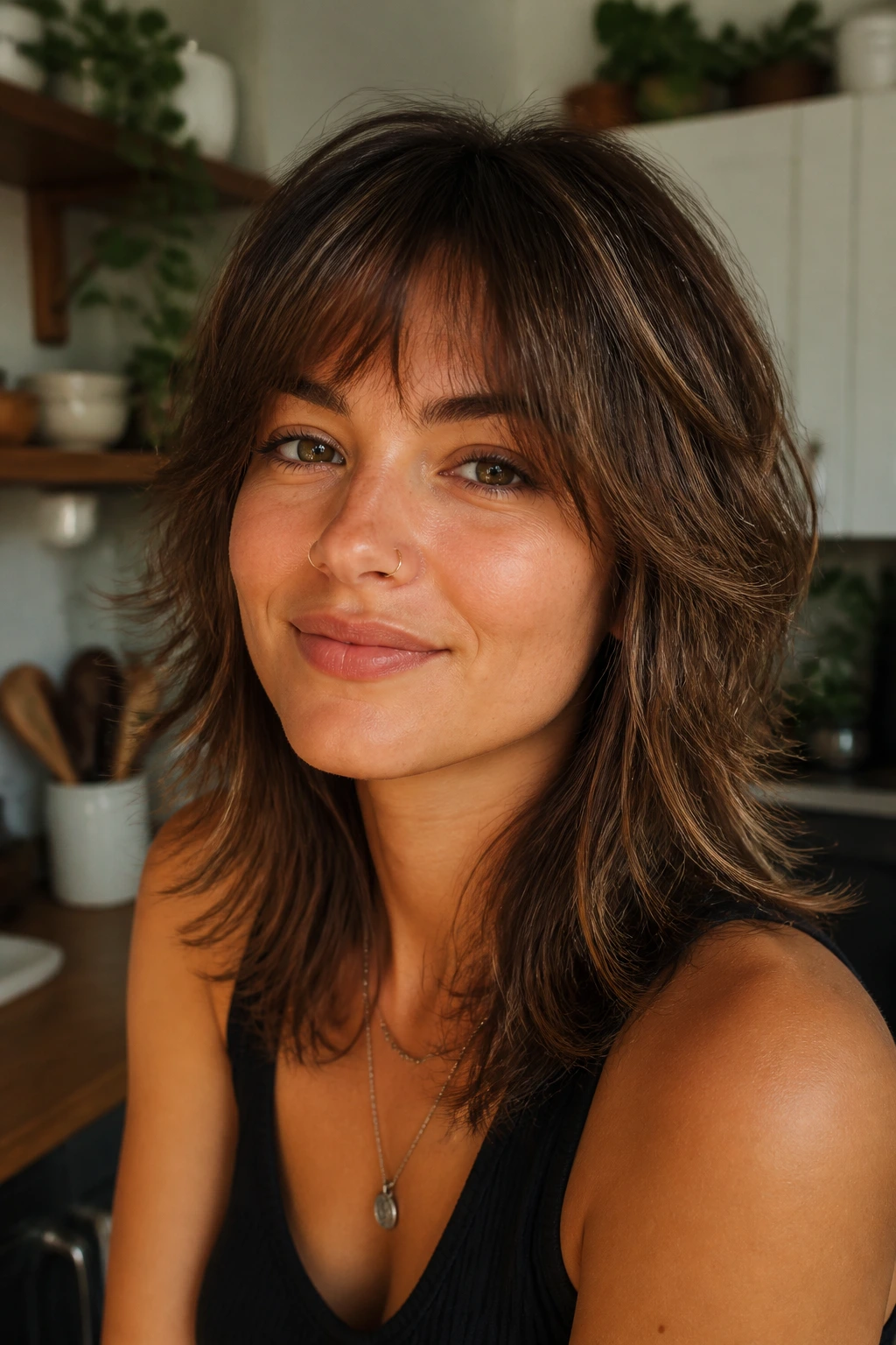 Medium close-up portrait of a real person with a grow-out shag that maintains face-framing layers as it grows