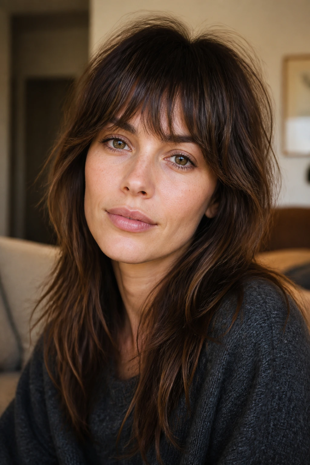 Close-up of a real woman with a low-maintenance grow-out shag in a living room.