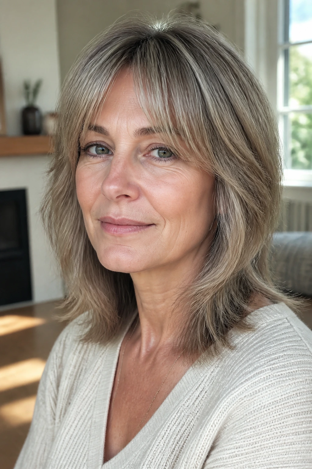Close-up portrait of a real person with grow-out friendly shag showing soft face framing layers in warm daylight