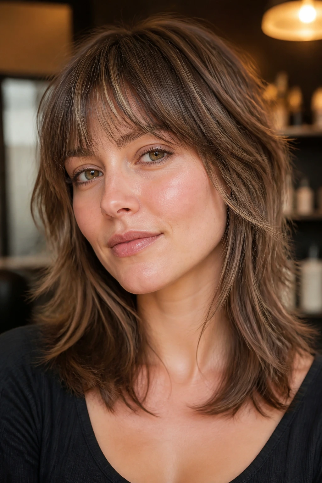 Close-up of a woman with a grow-out friendly shag and soft edges around jaw and collarbone.