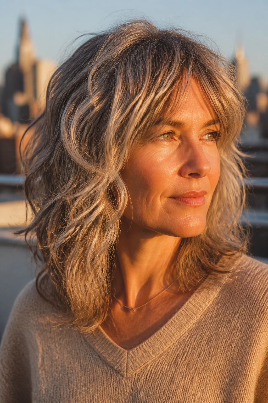 Close-up of a real woman with grow-out friendly shag at golden hour rooftop