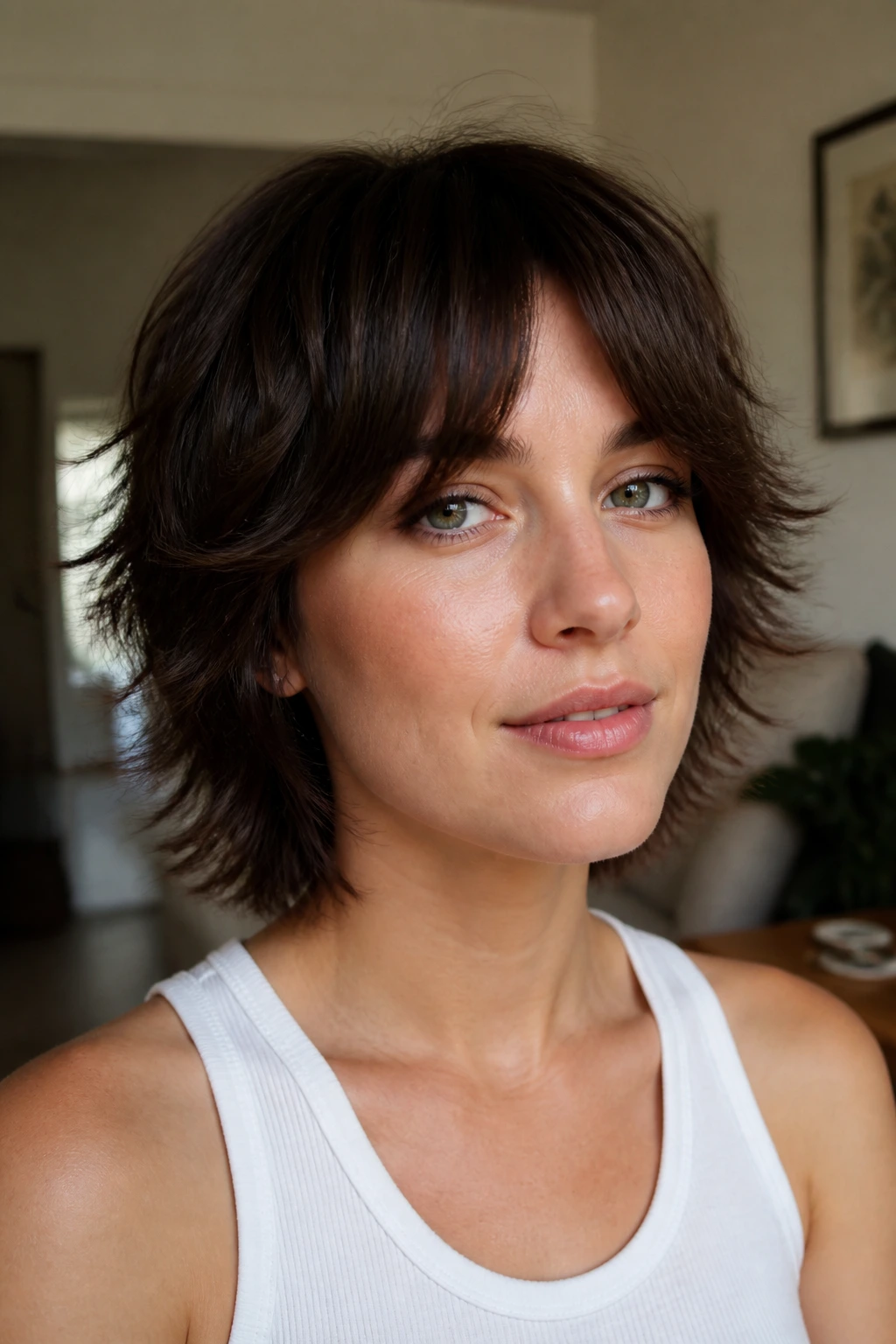 Person with grow-out shag and split bangs, portrait in cozy home.