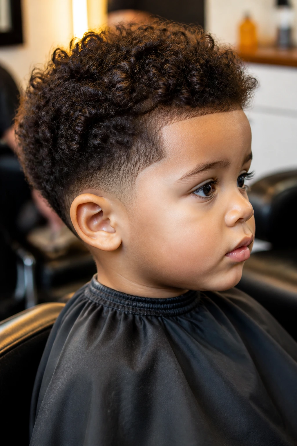 Toddler with grow-out shape-up hairstyle, close portrait